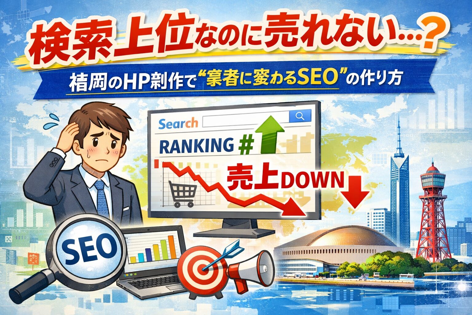 検索上位なのに売れない悩みを表現したイラスト。福岡の街並み背景に、順位上昇と売上ダウンのグラフ、SEOや集客のアイコン、困った表情の男性。