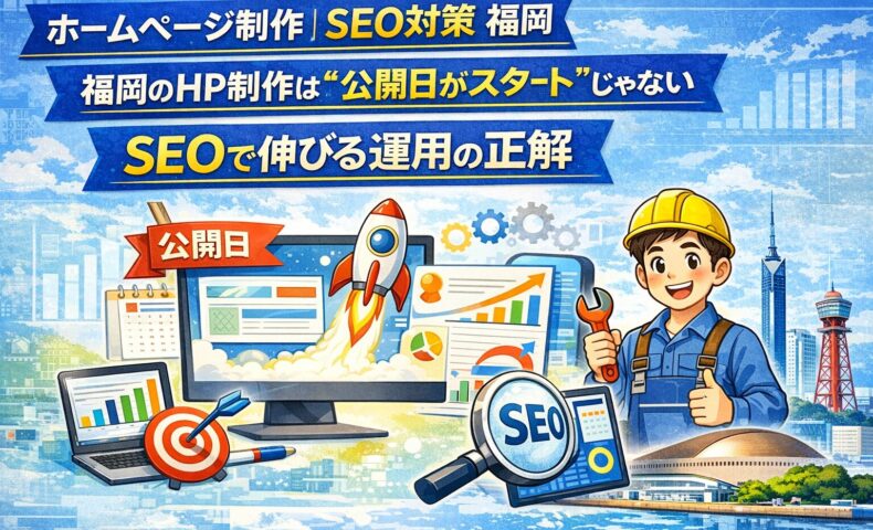 福岡のホームページ制作で公開後にSEO対策を行い、運用によって検索順位と集客を伸ばす様子を表したイラスト。公開日、分析、改善、SEOのアイコンを配置。
