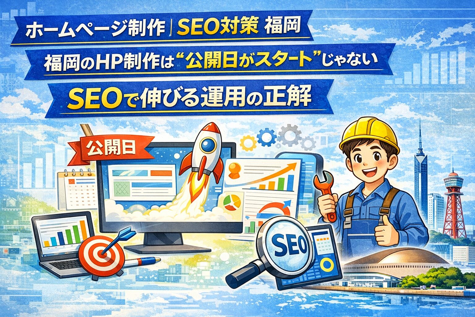 福岡のホームページ制作で公開後にSEO対策を行い、運用によって検索順位と集客を伸ばす様子を表したイラスト。公開日、分析、改善、SEOのアイコンを配置。