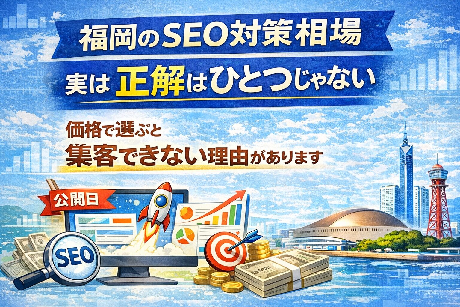 福岡のSEO対策相場に正解がないことを伝えるアイキャッチ画像。検索順位の成長、分析、集客、価格比較を示すイラストと福岡の街並み。