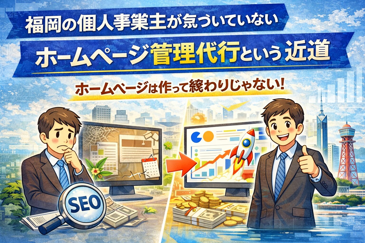 福岡の個人事業主がホームページ管理を代行に任せることで集客と売上が伸びるイメージ画像