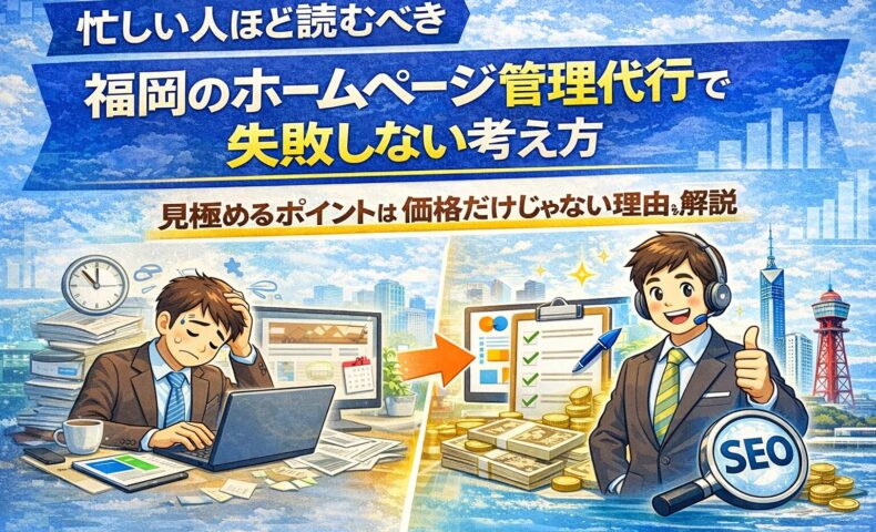 忙しい福岡の個人事業主がホームページ管理を代行に任せ、集客と成果につながる様子を表したイメージ画像