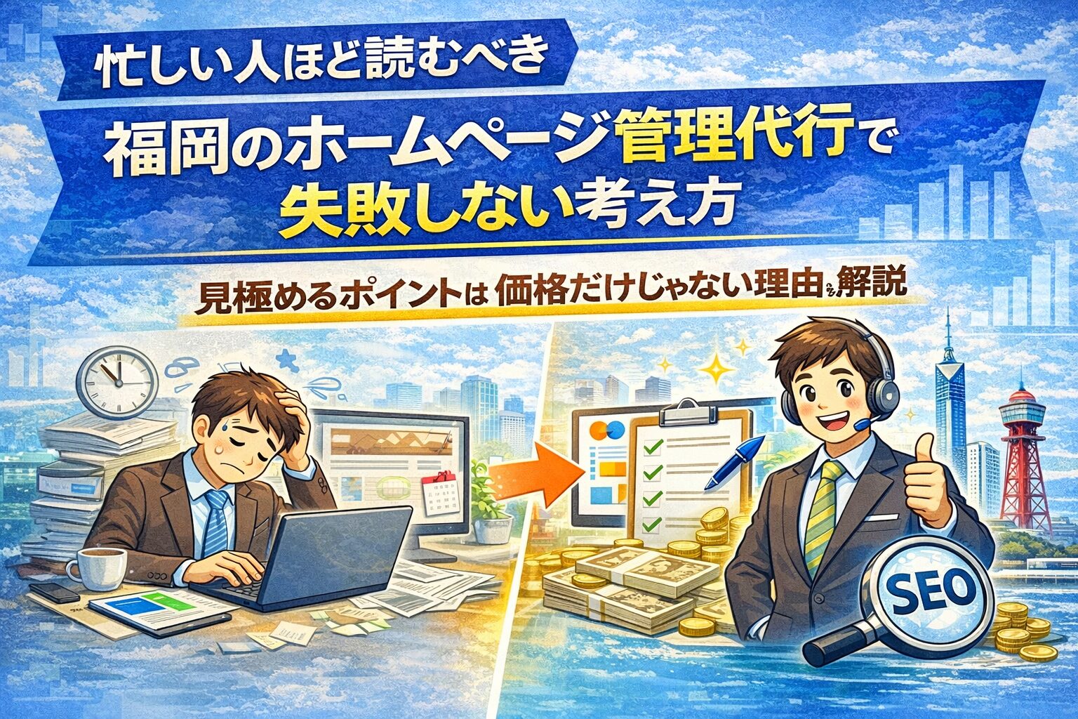 忙しい福岡の個人事業主がホームページ管理を代行に任せ、集客と成果につながる様子を表したイメージ画像