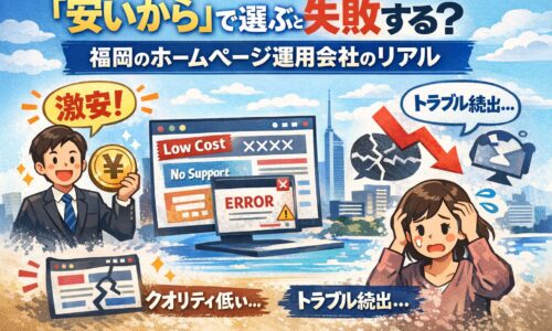 福岡のホームページ運用会社を安さで選び、トラブルや集客失敗に悩む様子を表したイラスト