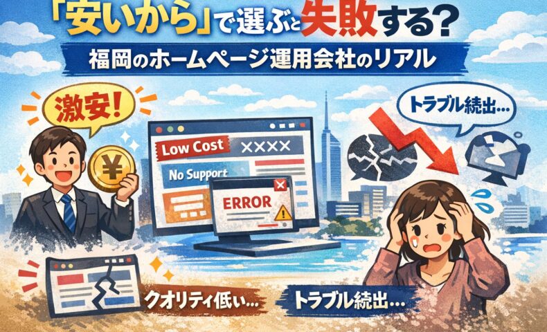 福岡のホームページ運用会社を安さで選び、トラブルや集客失敗に悩む様子を表したイラスト