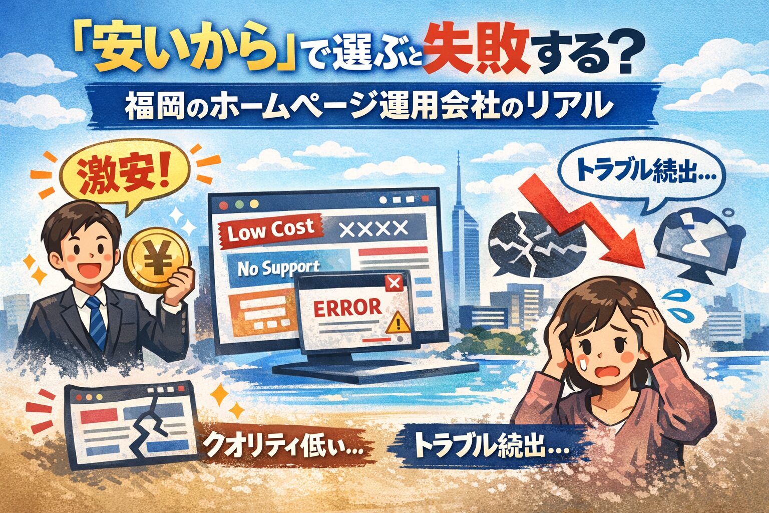 福岡のホームページ運用会社を安さで選び、トラブルや集客失敗に悩む様子を表したイラスト