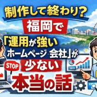 福岡でホームページ運用会社を探す中、制作だけで終わり成果が出ず悩む人と、運用に強い会社の違いを表したイラスト