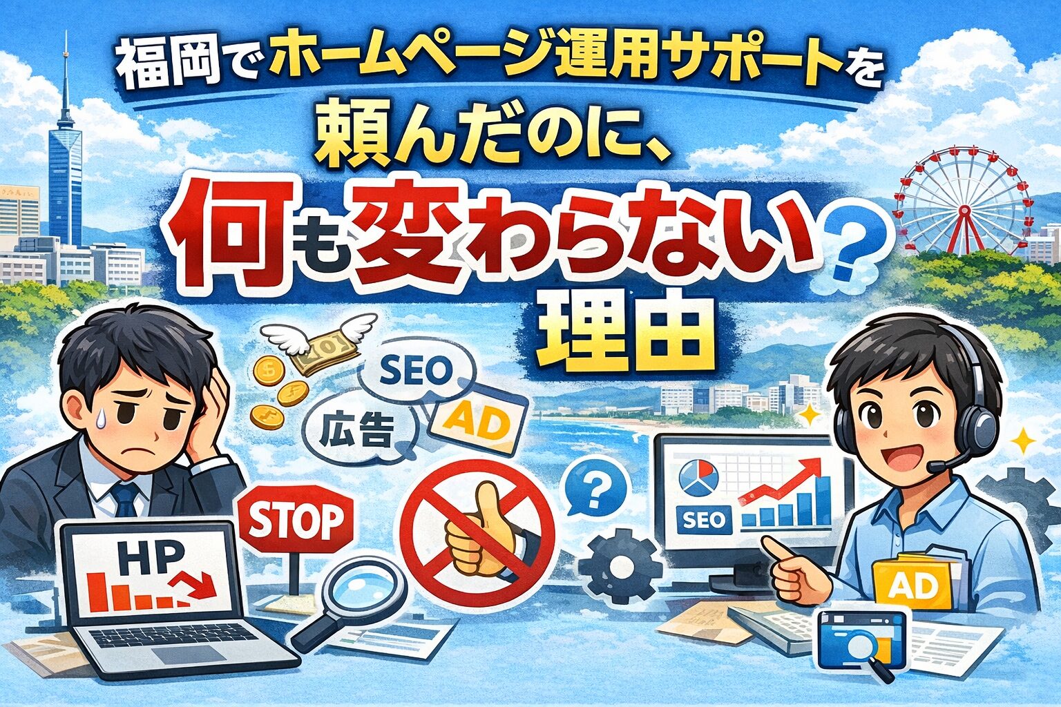福岡でホームページ運用サポートを依頼したが成果が出ず悩む人と、運用改善で成果を出すサポート会社の違いを表したイラスト