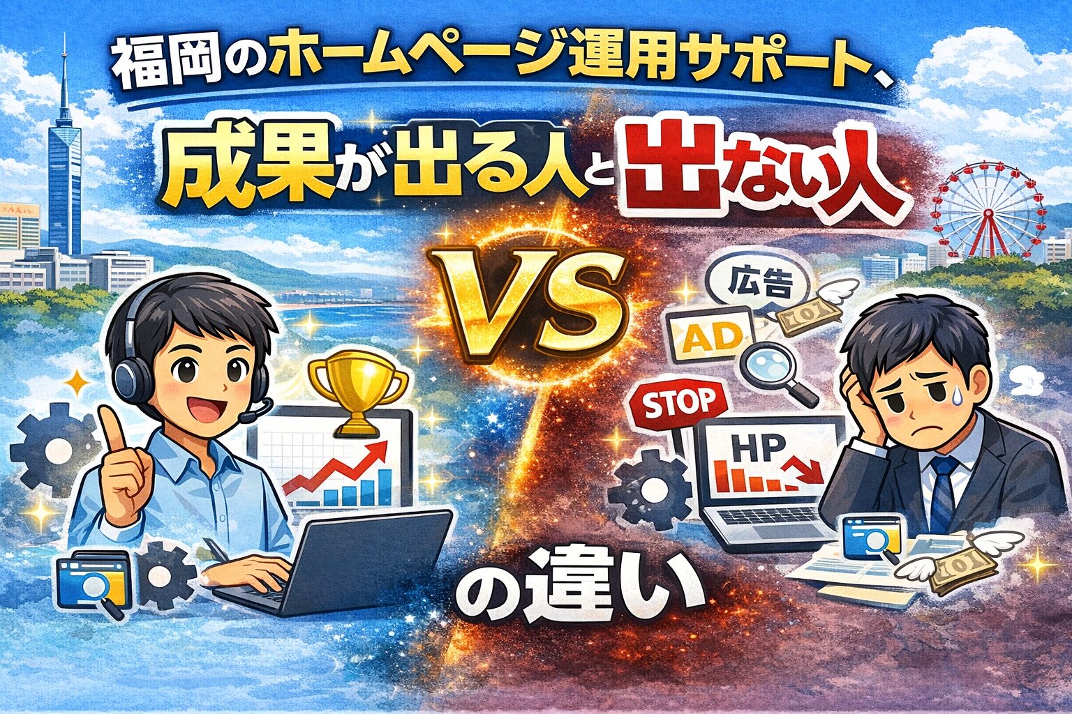 福岡のホームページ運用サポートで成果が出る人と出ない人の違いを、成功側と失敗側の対比で表したイラスト