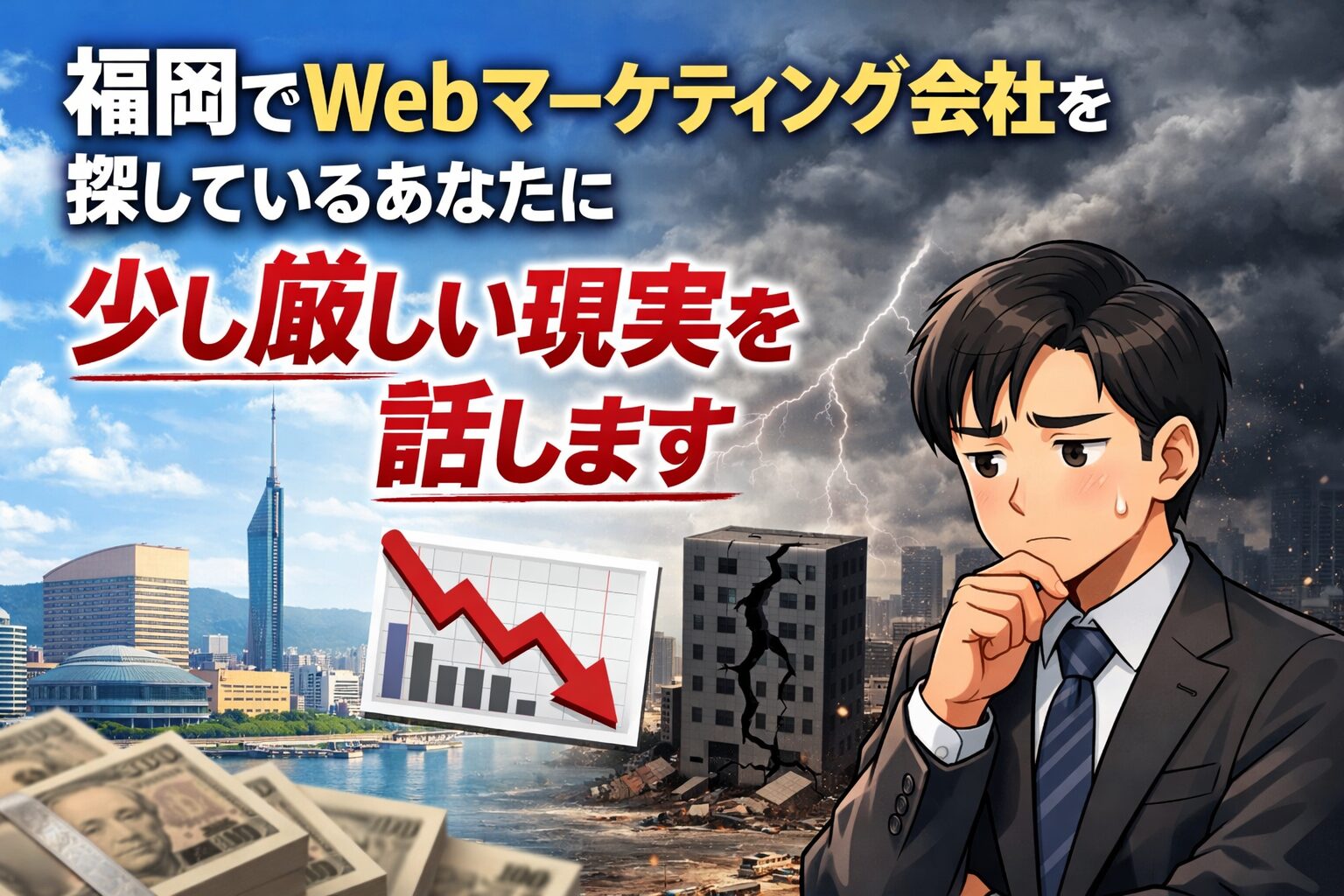 福岡でWebマーケティング会社を探して悩む個人事業主が、集客減少や成果が出ない現実に直面しているイメージ