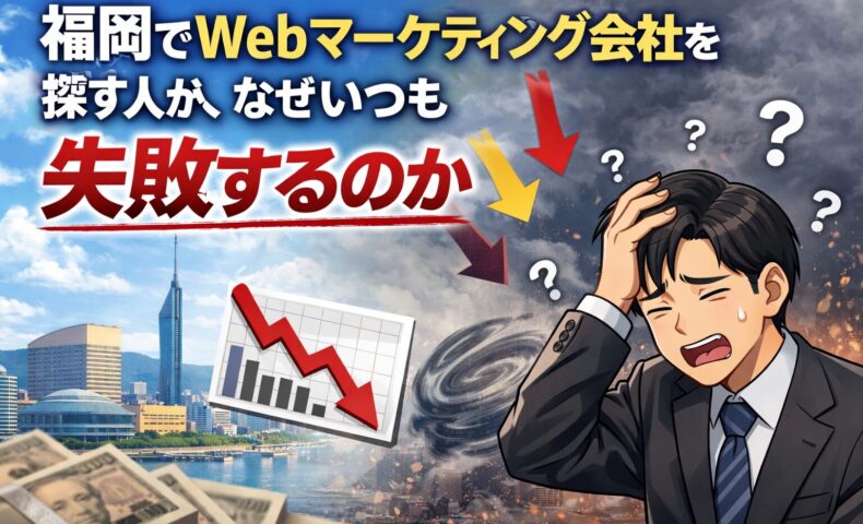 福岡でWebマーケティング会社を探す個人事業主が、成果が出ず失敗に悩んでいる状況を表したアイキャッチ画像