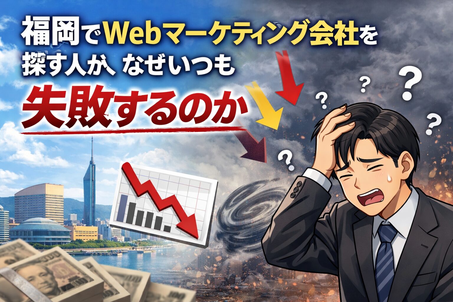 福岡でWebマーケティング会社を探す個人事業主が、成果が出ず失敗に悩んでいる状況を表したアイキャッチ画像