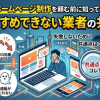 福岡でホームページ制作を依頼する前に知っておくべき、おすすめできない業者の共通点を示した解説図。省エネ価格・SEO効果ゼロ・連絡が取れない・追加料金が不明瞭など失敗パターンをアイコンで表現。