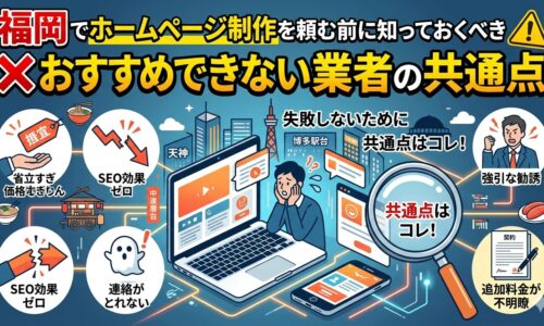 福岡でホームページ制作を依頼する前に知っておくべき、おすすめできない業者の共通点を示した解説図。省エネ価格・SEO効果ゼロ・連絡が取れない・追加料金が不明瞭など失敗パターンをアイコンで表現。