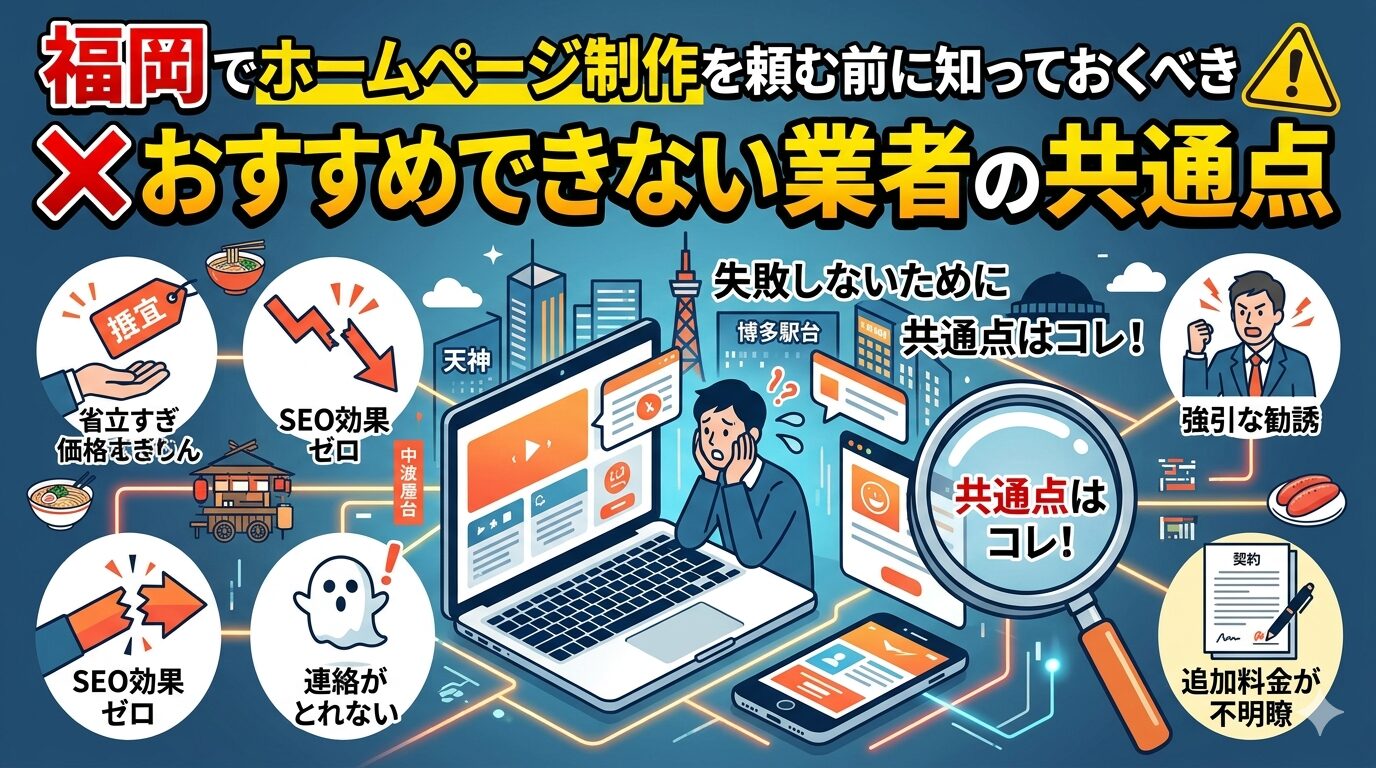 福岡でホームページ制作を依頼する前に知っておくべき、おすすめできない業者の共通点を示した解説図。省エネ価格・SEO効果ゼロ・連絡が取れない・追加料金が不明瞭など失敗パターンをアイコンで表現。