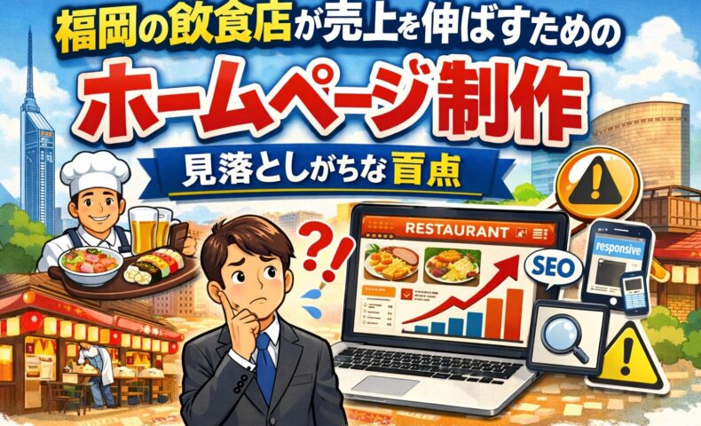 福岡の飲食店が売上を伸ばすためのホームページ制作とSEO対策の盲点を表現したアイキャッチ画像。飲食店オーナーがパソコン画面のSEOグラフを見て悩んでいるイラスト。