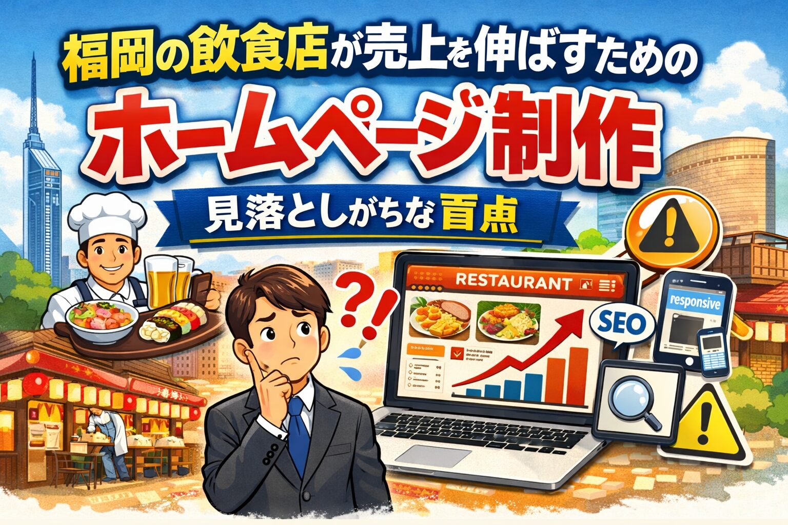 福岡の飲食店が売上を伸ばすためのホームページ制作とSEO対策の盲点を表現したアイキャッチ画像。飲食店オーナーがパソコン画面のSEOグラフを見て悩んでいるイラスト。