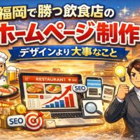 福岡で勝つ飲食店のホームページ制作をテーマに、SEO対策や売上アップを示すグラフと飲食店オーナーのイラストが描かれたアイキャッチ画像。