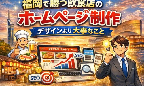 福岡で勝つ飲食店のホームページ制作をテーマに、SEO対策や売上アップを示すグラフと飲食店オーナーのイラストが描かれたアイキャッチ画像。
