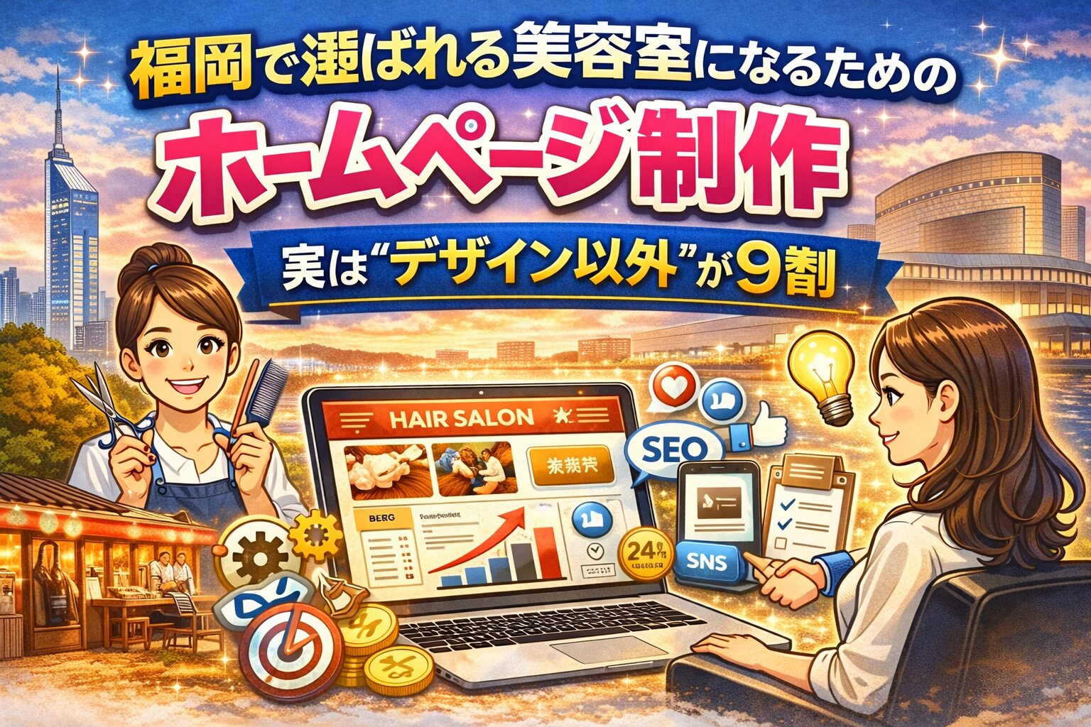 福岡で選ばれる美容室になるためのホームページ制作をテーマに、SEO対策や集客アップを示すグラフと美容師・女性オーナーのイラストが描かれたアイキャッチ画像。