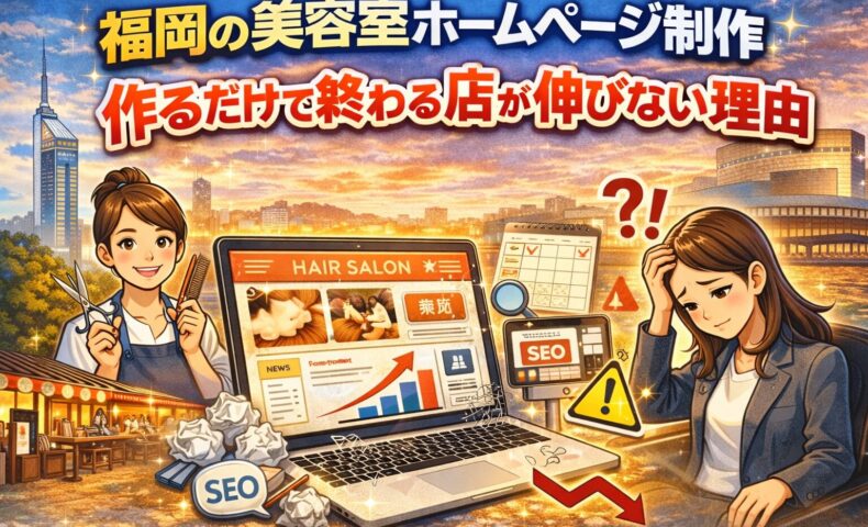 福岡の美容室ホームページ制作で作るだけで終わる店が伸びない理由を表現したアイキャッチ画像。SEOやアクセス低下を示すグラフと悩む女性オーナーのイラスト。