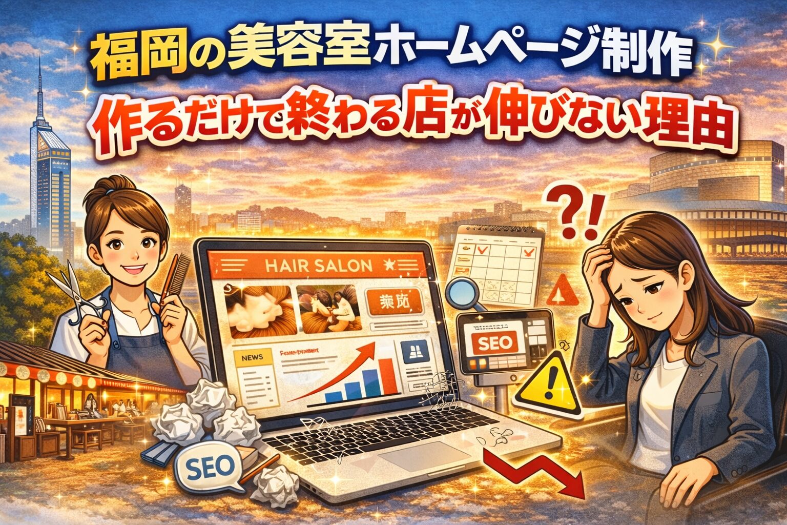 福岡の美容室ホームページ制作で作るだけで終わる店が伸びない理由を表現したアイキャッチ画像。SEOやアクセス低下を示すグラフと悩む女性オーナーのイラスト。