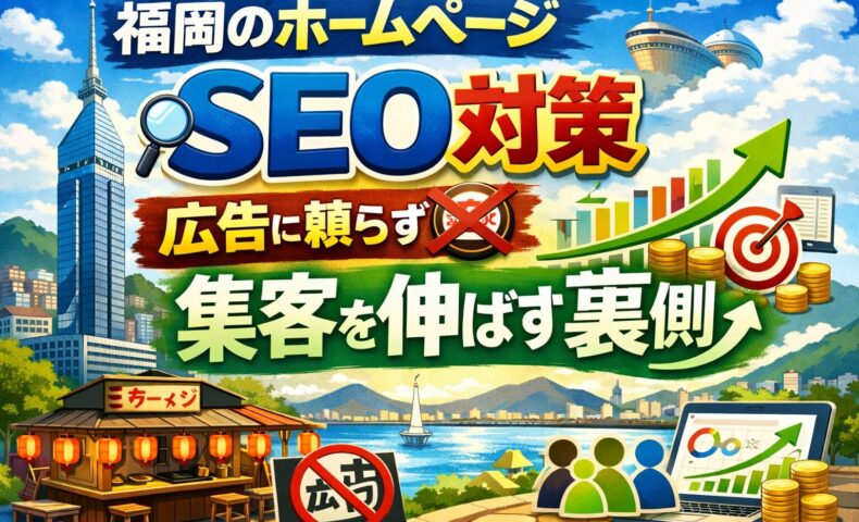 福岡のホームページSEO対策で広告に頼らず集客を伸ばす戦略を表現したアイキャッチ画像