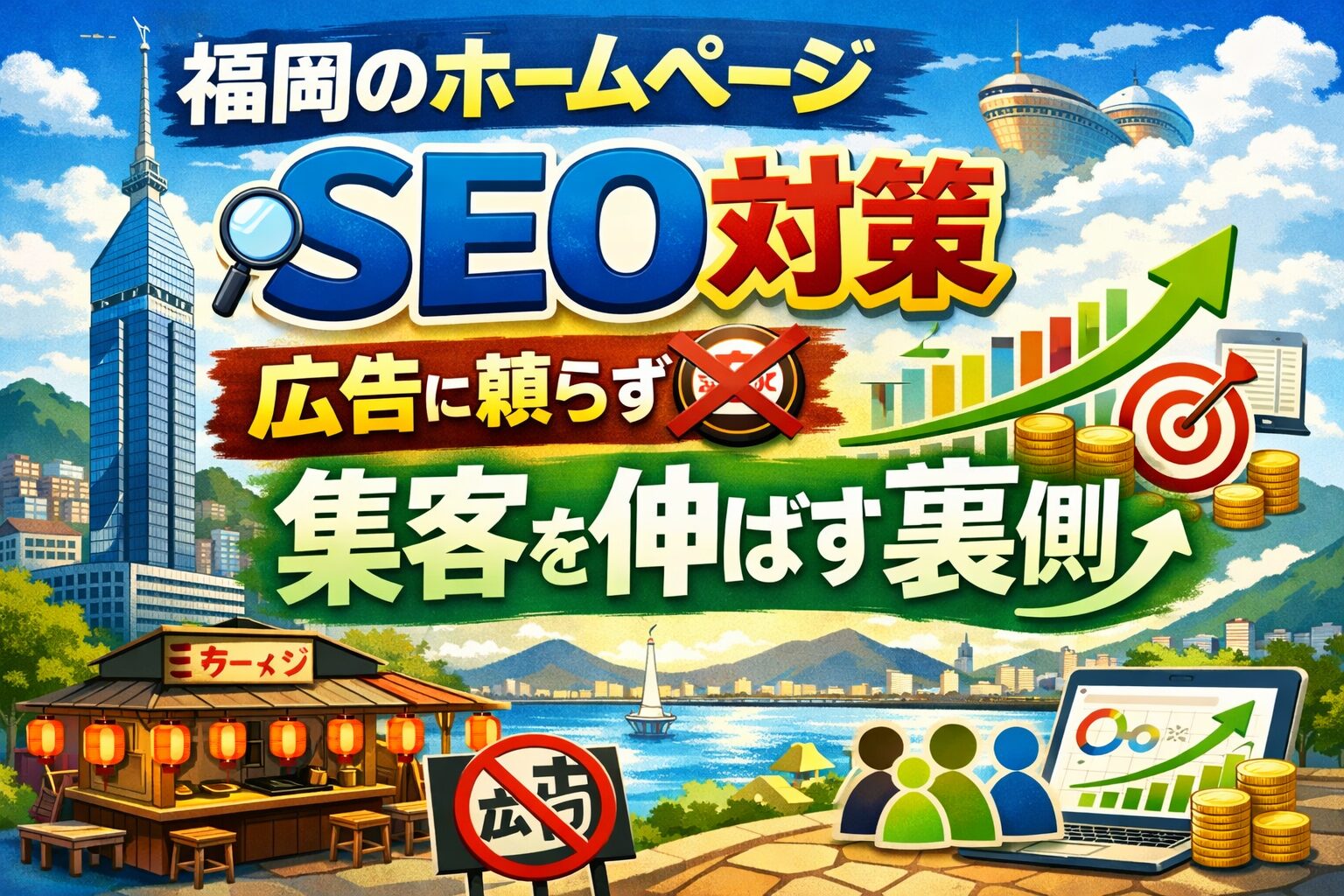 福岡のホームページSEO対策で広告に頼らず集客を伸ばす戦略を表現したアイキャッチ画像