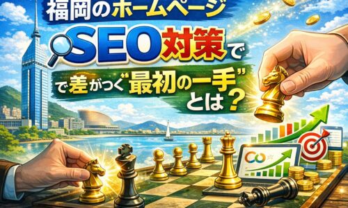 福岡のホームページSEO対策で差がつく最初の一手を表現した戦略的アイキャッチ画像