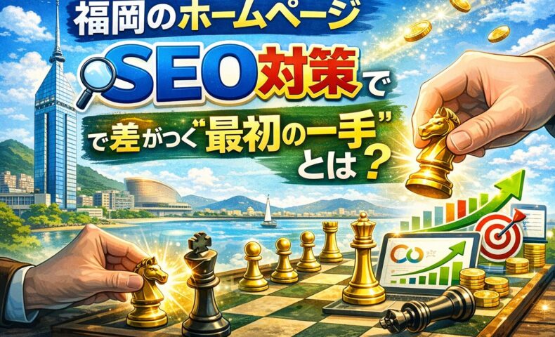 福岡のホームページSEO対策で差がつく最初の一手を表現した戦略的アイキャッチ画像