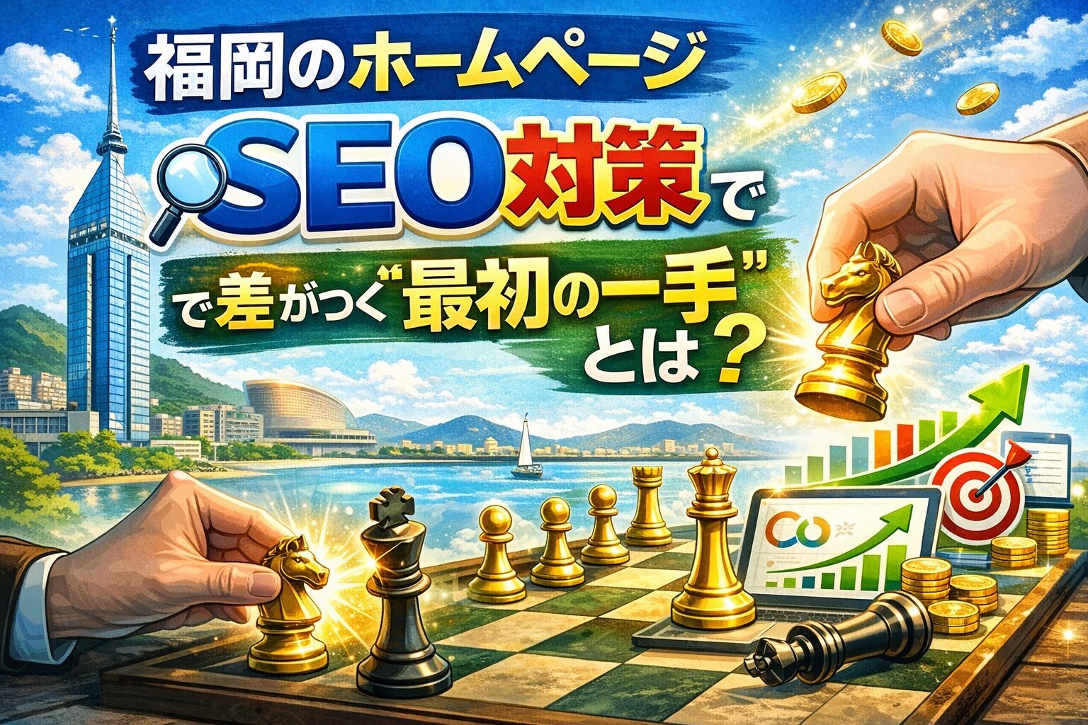 福岡のホームページSEO対策で差がつく最初の一手を表現した戦略的アイキャッチ画像