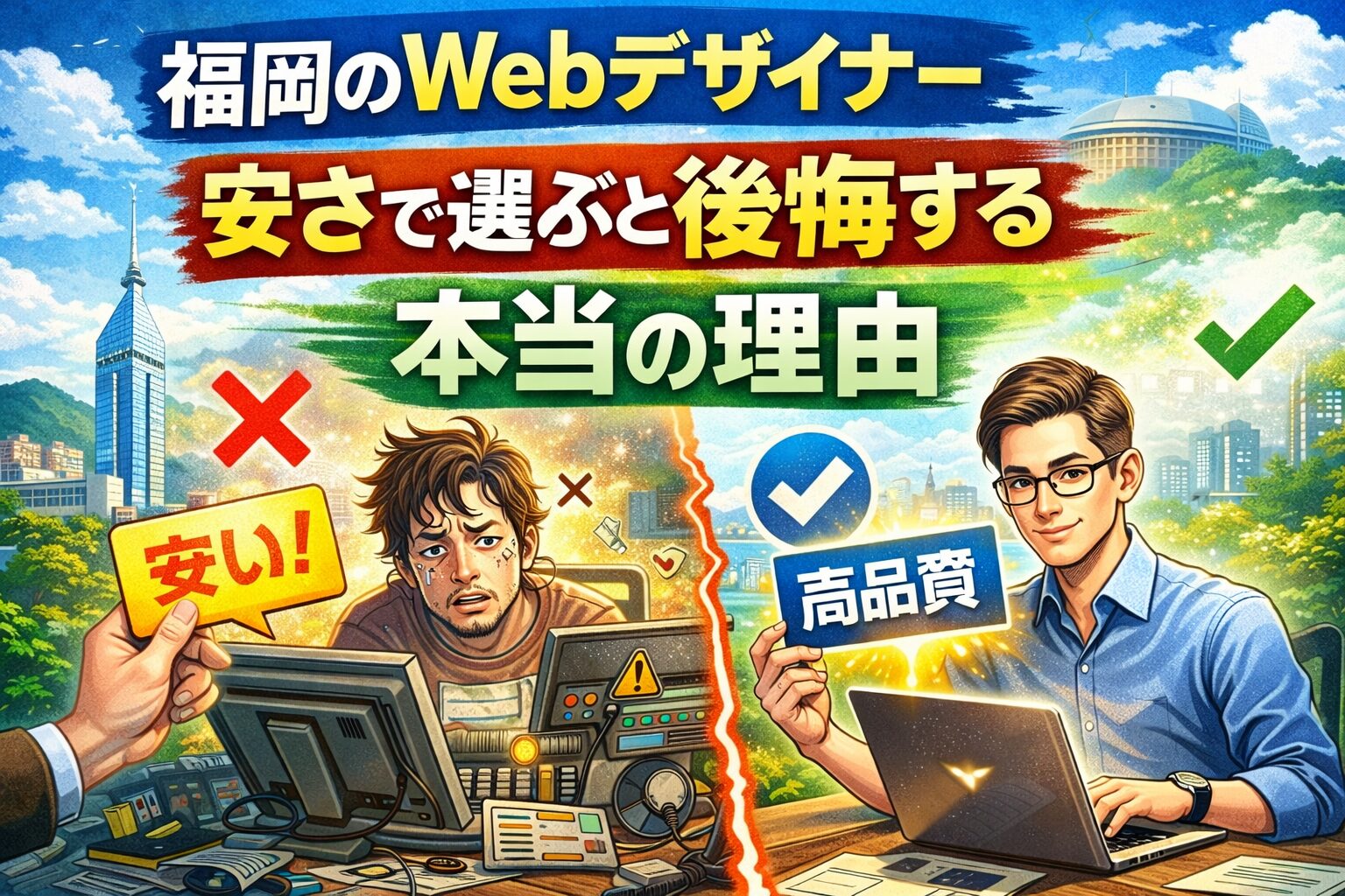 福岡のWebデザイナーを安さで選ぶと後悔する理由を比較で表現したアイキャッチ画像