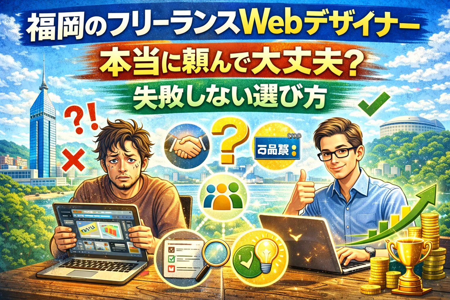 福岡のフリーランスWebデザイナーに本当に頼んで大丈夫かを比較で表現したアイキャッチ画像