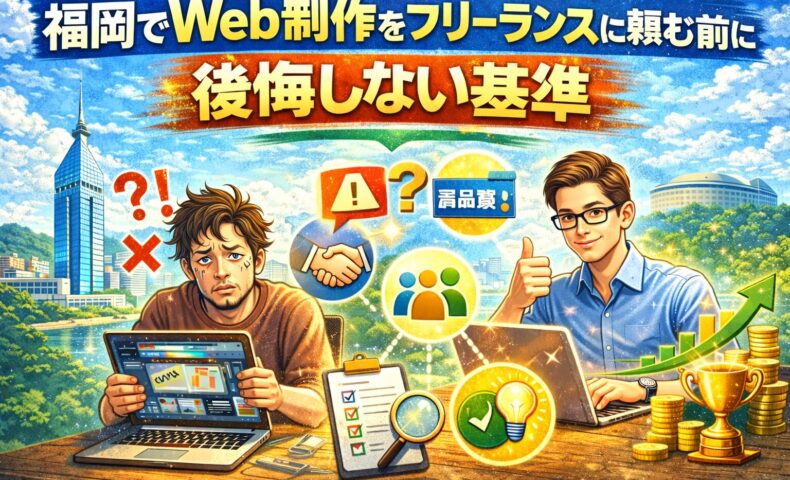 福岡でWeb制作をフリーランスに依頼する際の後悔しない基準を比較で表現したアイキャッチ画像