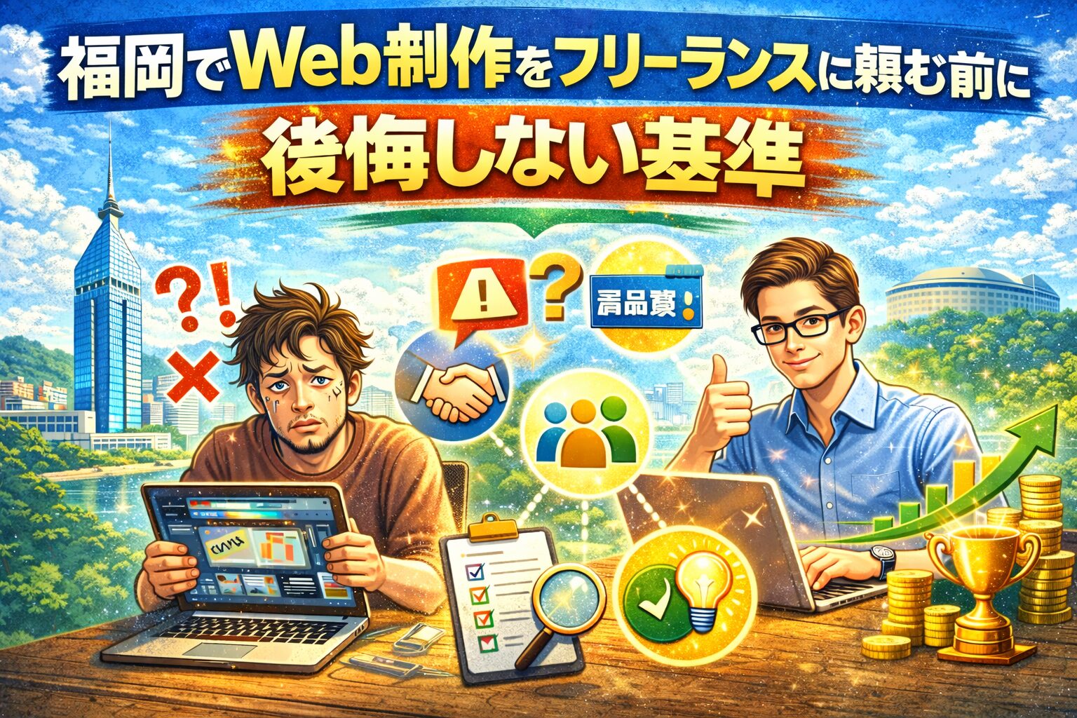 福岡でWeb制作をフリーランスに依頼する際の後悔しない基準を比較で表現したアイキャッチ画像