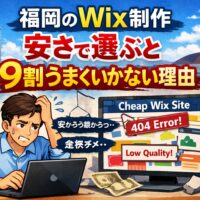 福岡でWix制作を安さで選ぶと集客できず失敗する理由をイラストで表現したアイキャッチ画像
