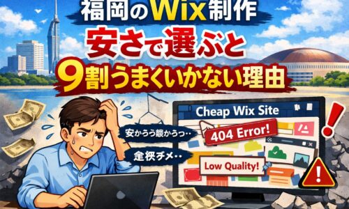 福岡でWix制作を安さで選ぶと集客できず失敗する理由をイラストで表現したアイキャッチ画像