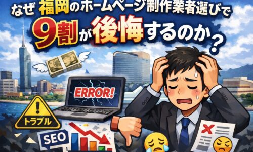 福岡のホームページ制作業者選びで後悔するイメージイラスト。SEO低下やトラブル、エラー画面に悩む男性の図