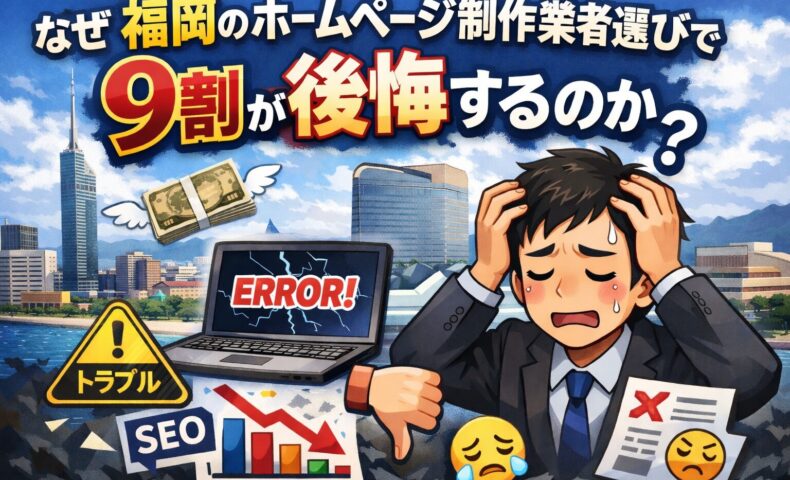 福岡のホームページ制作業者選びで後悔するイメージイラスト。SEO低下やトラブル、エラー画面に悩む男性の図