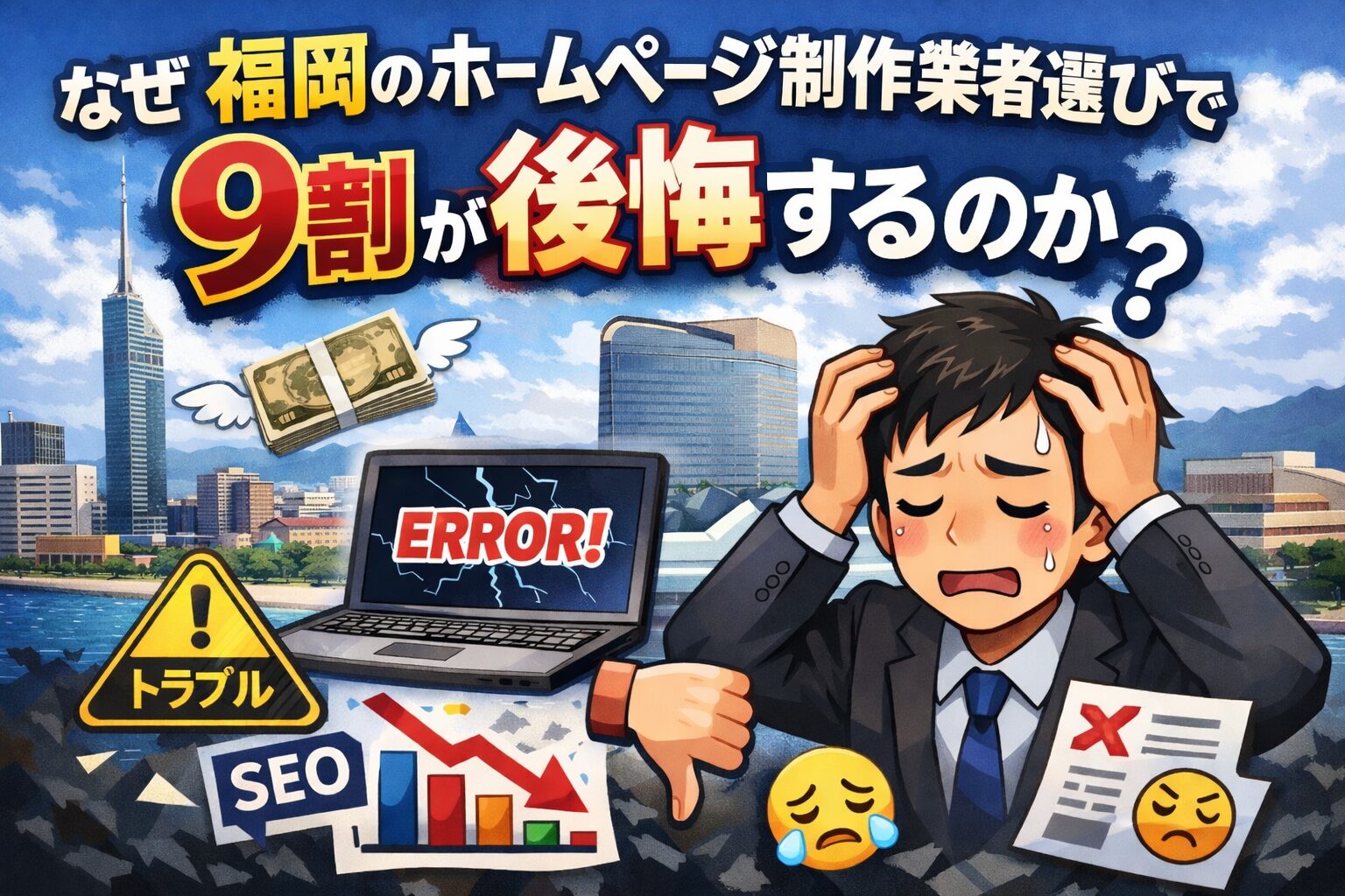 福岡のホームページ制作業者選びで後悔するイメージイラスト。SEO低下やトラブル、エラー画面に悩む男性の図