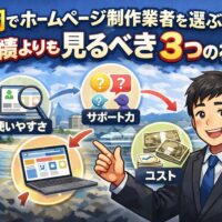 福岡でホームページ制作業者を選ぶ際に実績よりも重要な3つの視点（使いやすさ・サポート力・コスト）を解説するイラスト