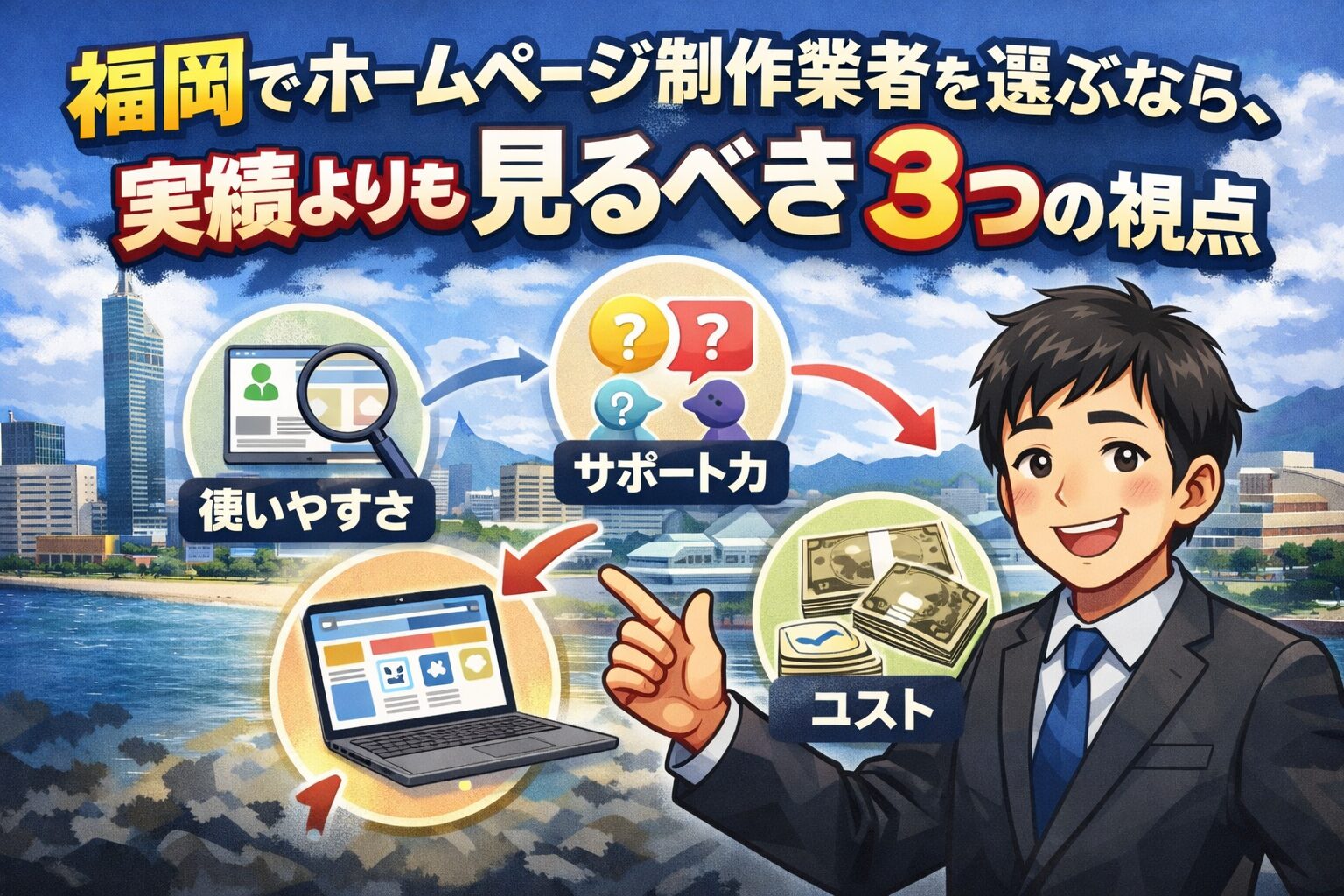 福岡でホームページ制作業者を選ぶ際に実績よりも重要な3つの視点（使いやすさ・サポート力・コスト）を解説するイラスト
