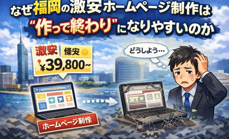 福岡の激安ホームページ制作が作って終わりになりやすい理由を表現したイラスト。低価格表示と放置されたサイトの対比