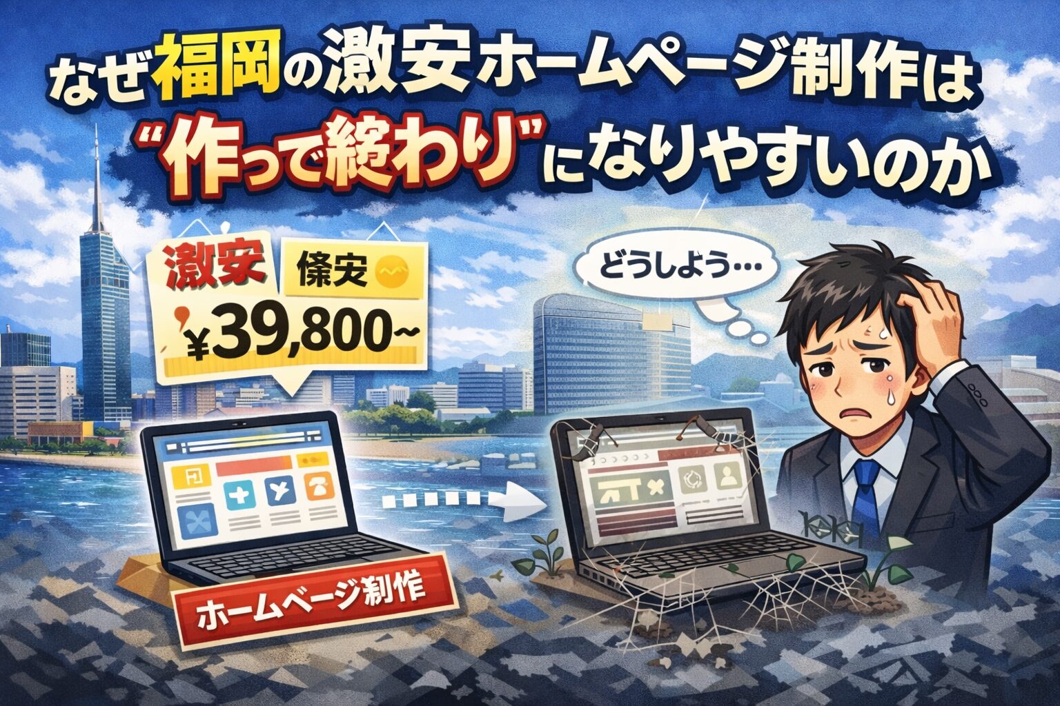 福岡の激安ホームページ制作が作って終わりになりやすい理由を表現したイラスト。低価格表示と放置されたサイトの対比