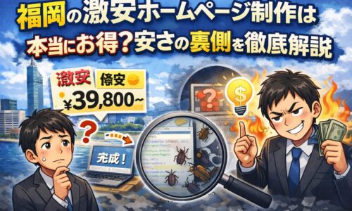 福岡の激安ホームページ制作は本当にお得かを解説するイラスト。低価格表示と不具合リスクを対比したビジュアル