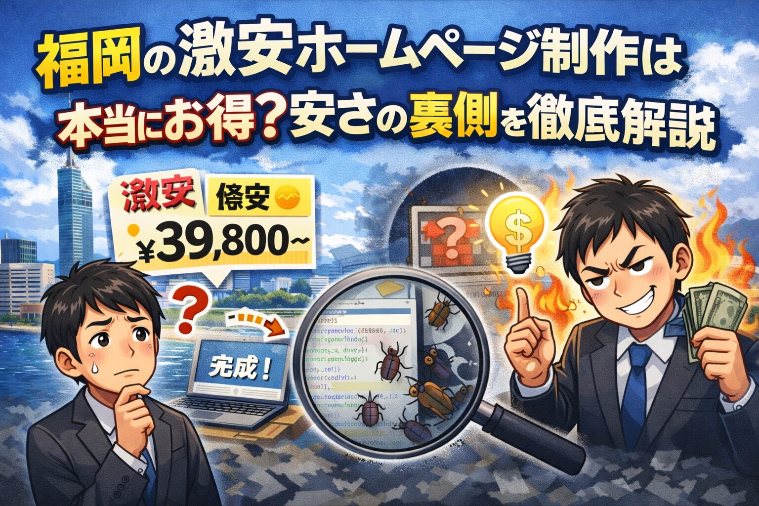 福岡の激安ホームページ制作は本当にお得かを解説するイラスト。低価格表示と不具合リスクを対比したビジュアル
