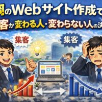 福岡のWebサイト作成で集客が変わる人と変わらない人の違いを表現したイラスト。売上増加グラフと減少グラフの対比