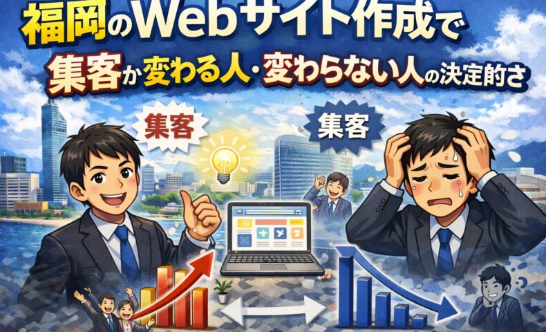 福岡のWebサイト作成で集客が変わる人と変わらない人の違いを表現したイラスト。売上増加グラフと減少グラフの対比