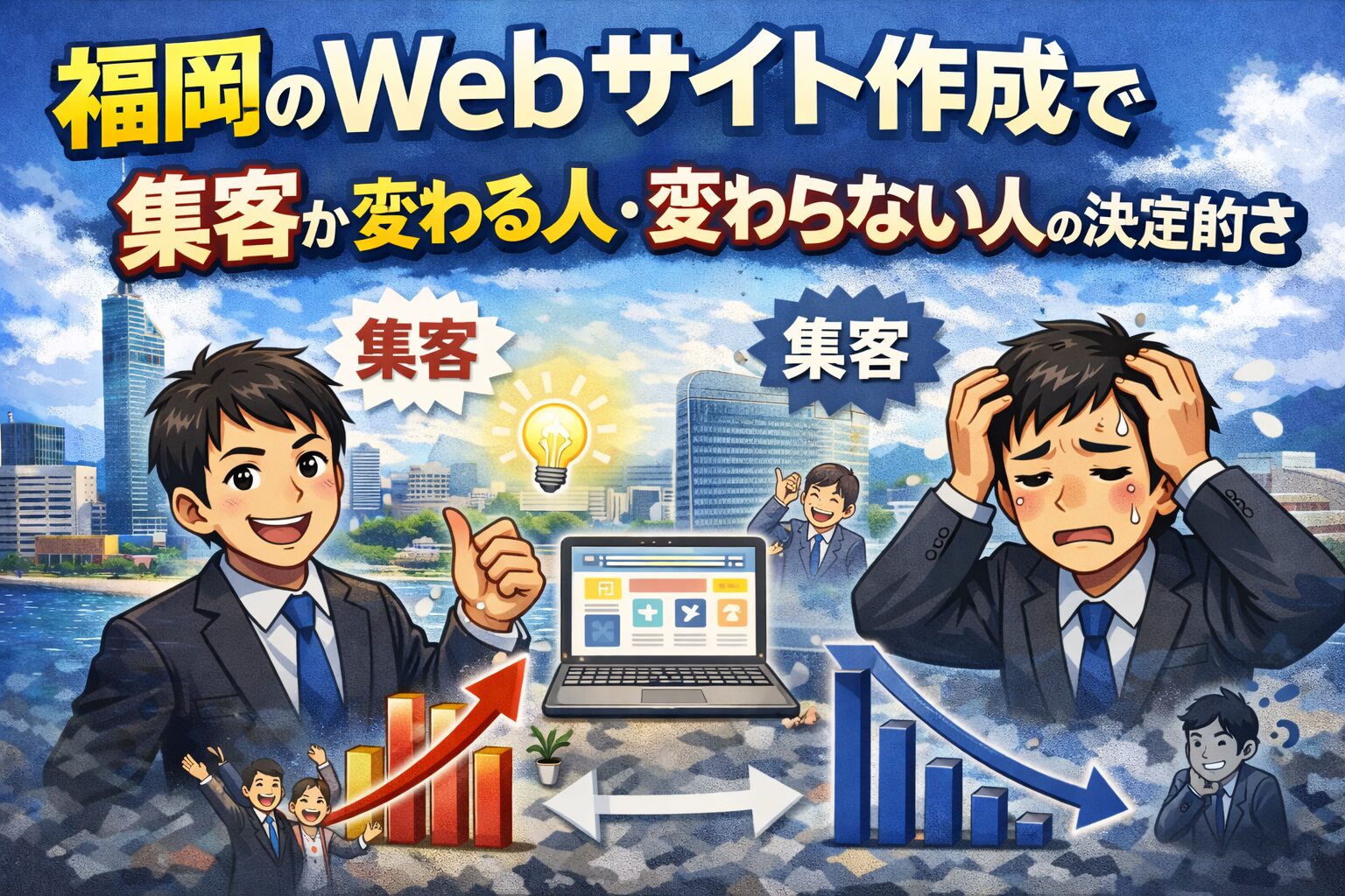 福岡のWebサイト作成で集客が変わる人と変わらない人の違いを表現したイラスト。売上増加グラフと減少グラフの対比