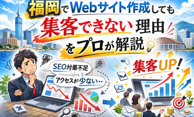 福岡でWebサイト作成しても集客できない理由を解説するイラスト。SEO不足とアクセス減少から集客アップへの改善を対比